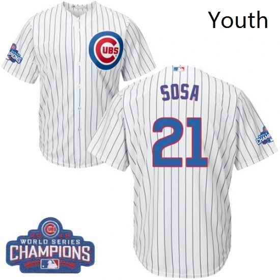 Youth Majestic Chicago Cubs 21 Sammy Sosa Authentic White Home 2016 World Series Champions Cool Base MLB Jersey